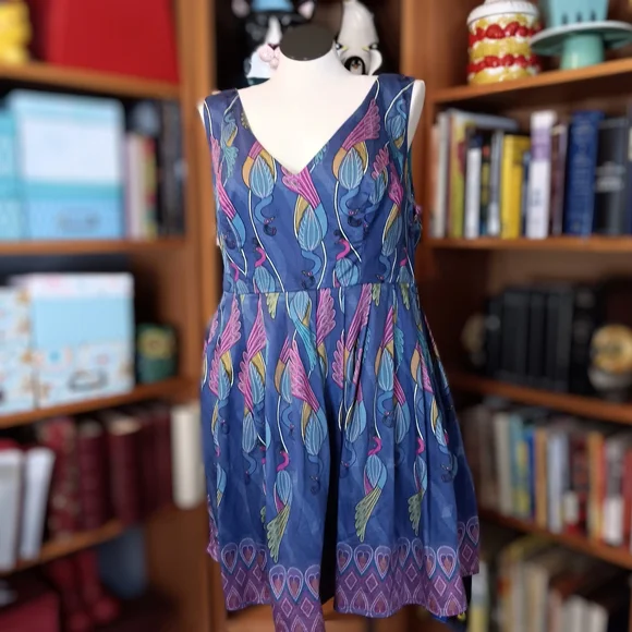 Modcloth "Bijou Joys" Peacock Print Sleeveless Fit And Flare Midi Dress Pockets - Picture 4 of 12